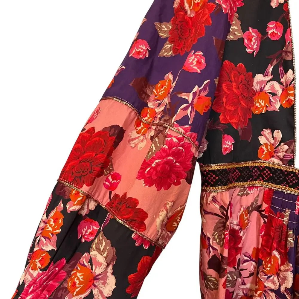 Johnny Was Jade Kimmy Smocked Floral-Print Peasant Top Embroidered Velvet Trim L